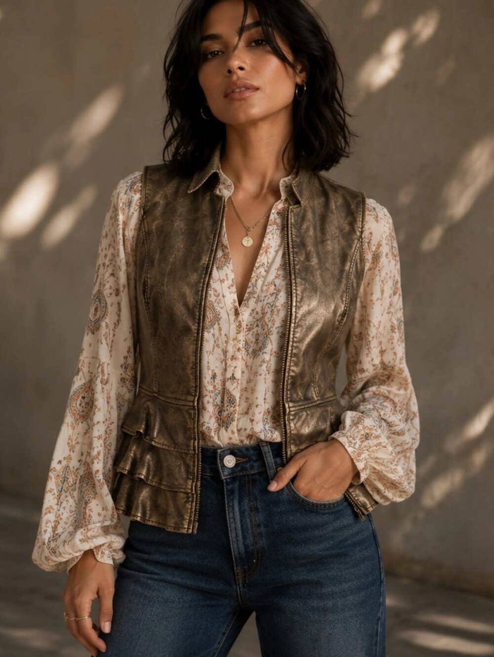 V Cristina Gold Faux Leather Peplum Moto Vest Medium